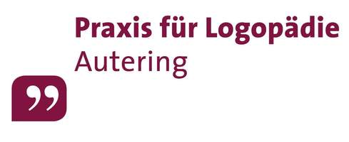 Logo mit Schriftzug Praxis für Logopädie Autering mit zwei Anführungszeichen in lila Feld